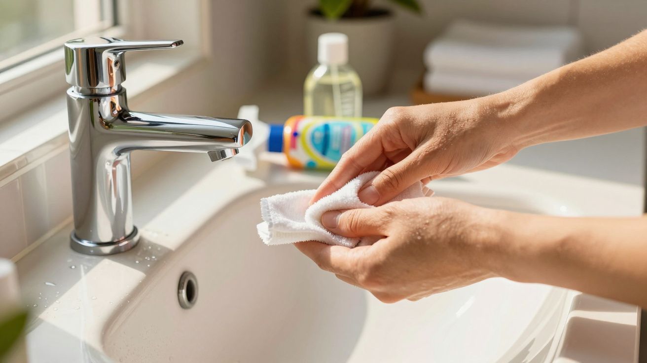 Mãos femininas a secar com uma toalha branca junto a uma torneira cromada numa casa de banho iluminada.