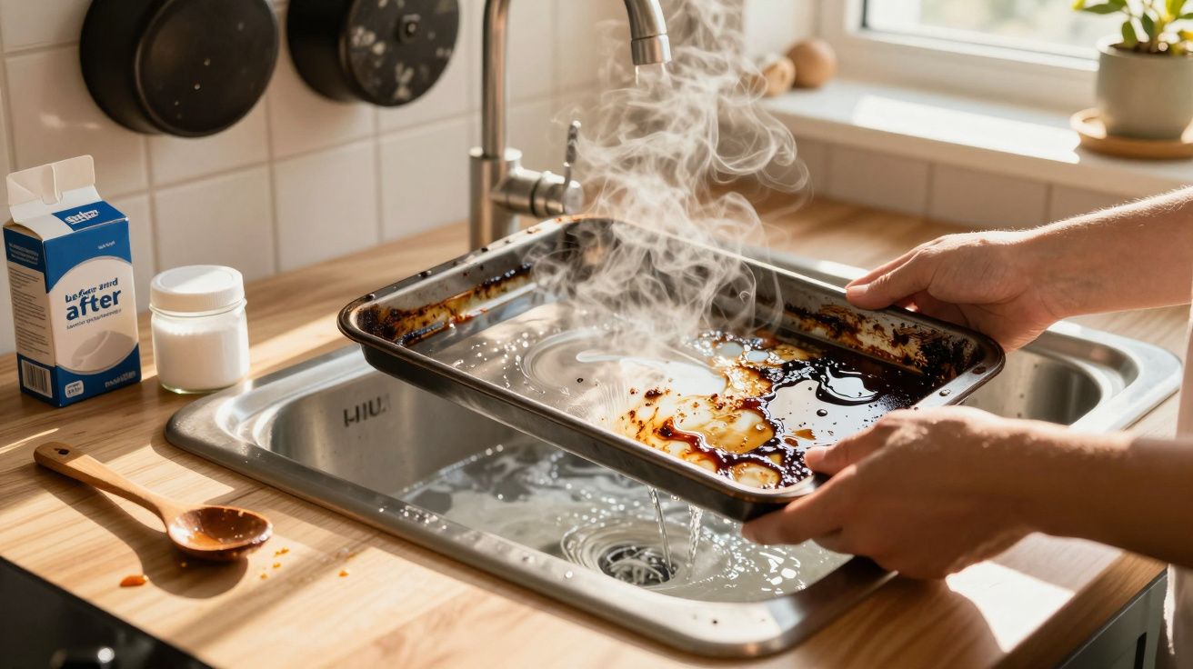 Mãos a lavar um tabuleiro sujo e fumegante numa pia de cozinha moderna com luz natural.