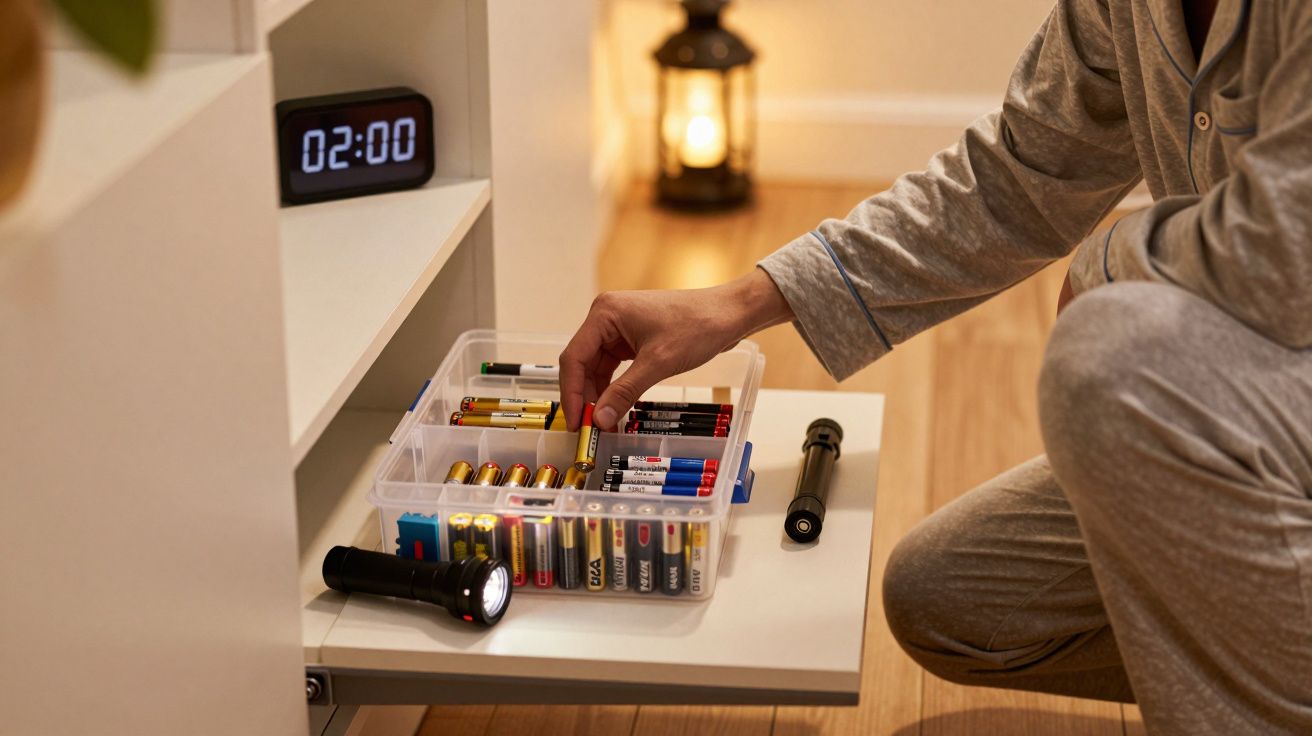 Pessoa em pijama a pegar pilhas numa caixa transparente com lanterna acesa numa mesa branca.