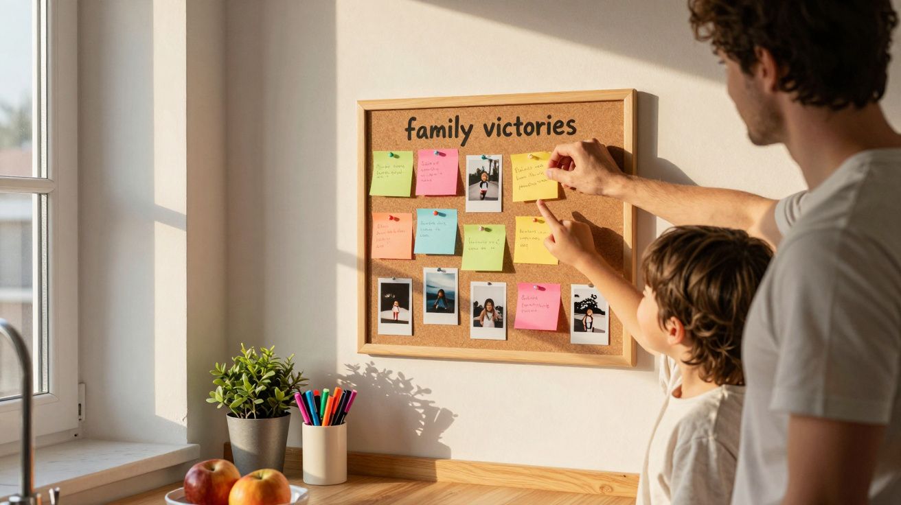 Pai e filho penduram notas coloridas num quadro de cortiça com o título "family victories" numa cozinha iluminada.
