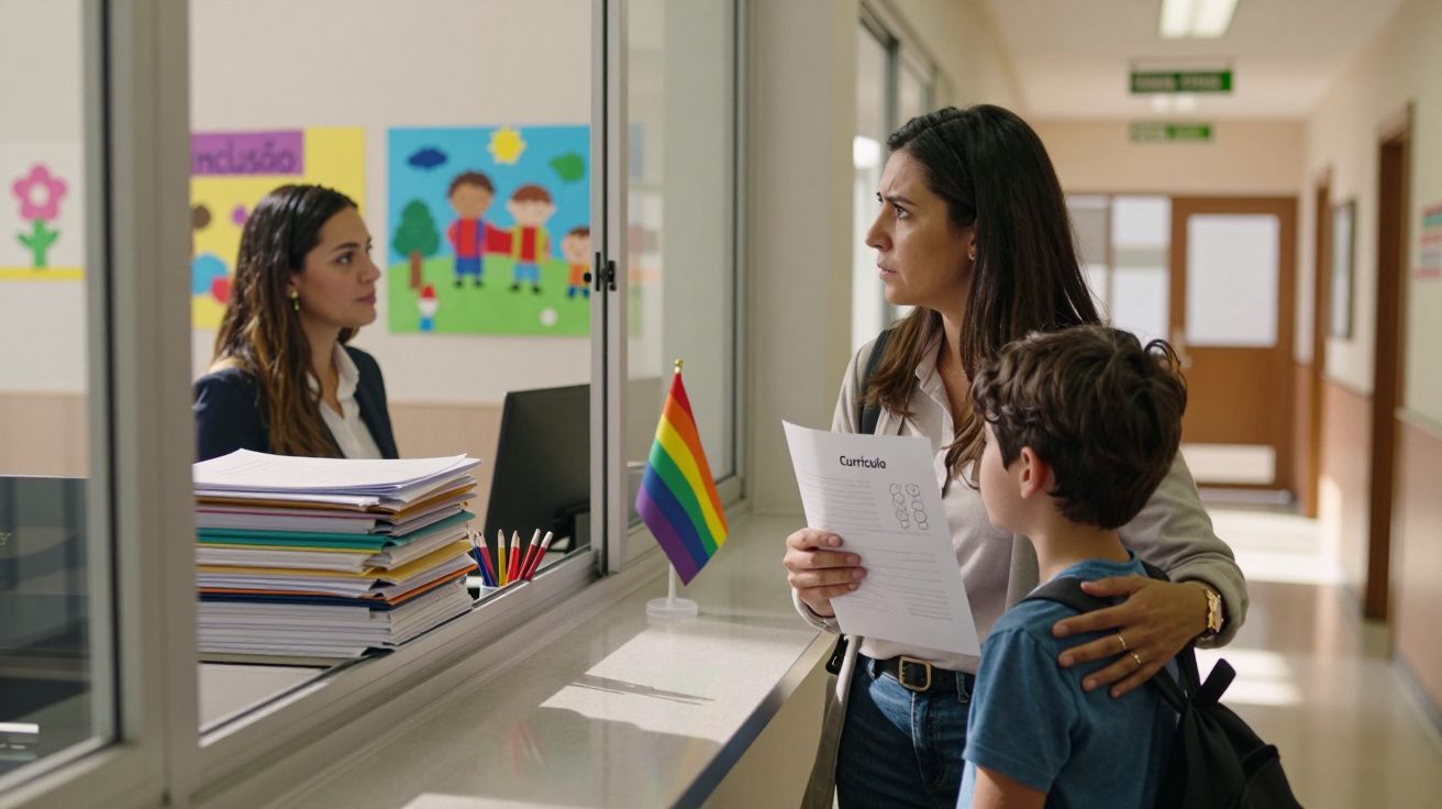 Mulher com criança entrega currículo na receção de escola decorada com bandeira arco-íris e cartazes infantis.
