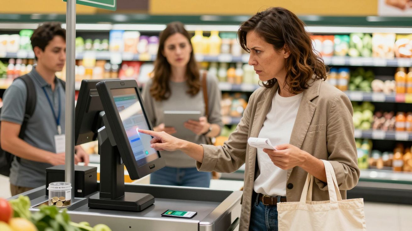 Mulher a usar caixa de self-checkout num supermercado, segurando talão e ecobag.