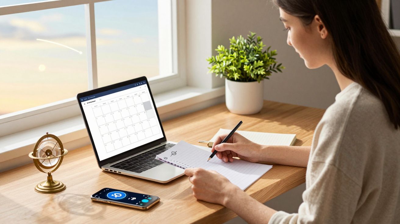 Pessoa a planear agenda num caderno, com calendário aberto no computador e telefone numa secretária junto à janela.