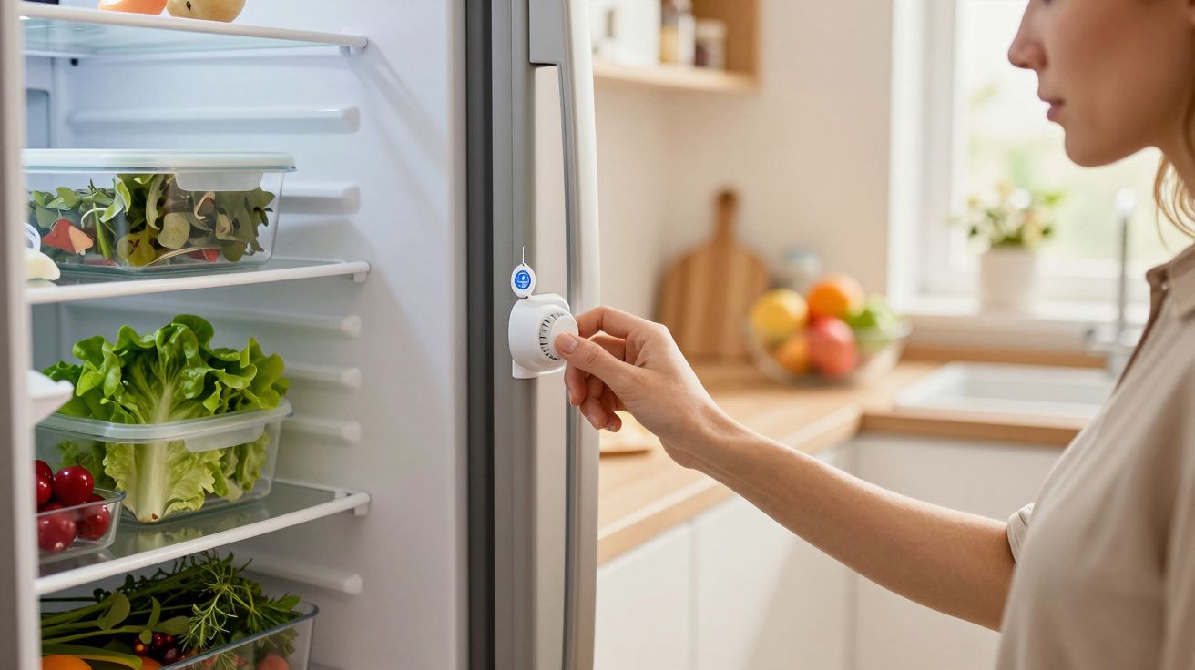 Pessoa ajusta a temperatura de um frigorífico aberto cheio de legumes frescos numa cozinha luminosa.
