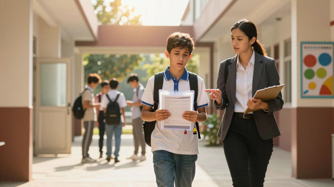 Professora a falar com aluno preocupado que segura cadernos no corredor de uma escola com outros alunos ao fundo.