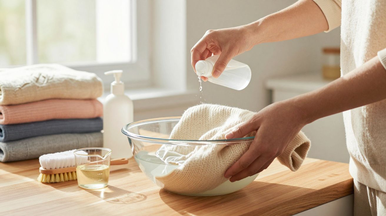 Pessoa a tratar roupa de lã num lavatório com detergente líquido e acessórios numa mesa de madeira.