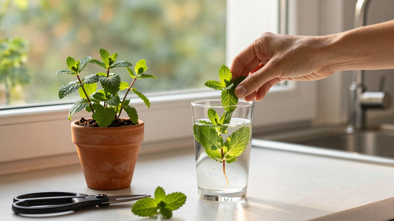 Mão a colocar ramo de planta num copo com água, vaso de barro, tesoura e janela ao fundo.