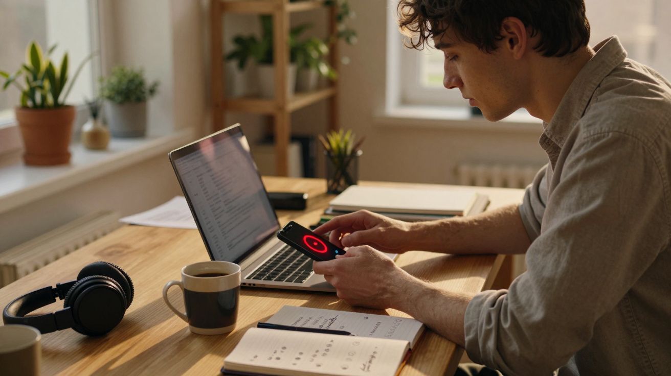Homem sentado a trabalhar com computador portátil, telemóvel, caderno e chá numa mesa iluminada.