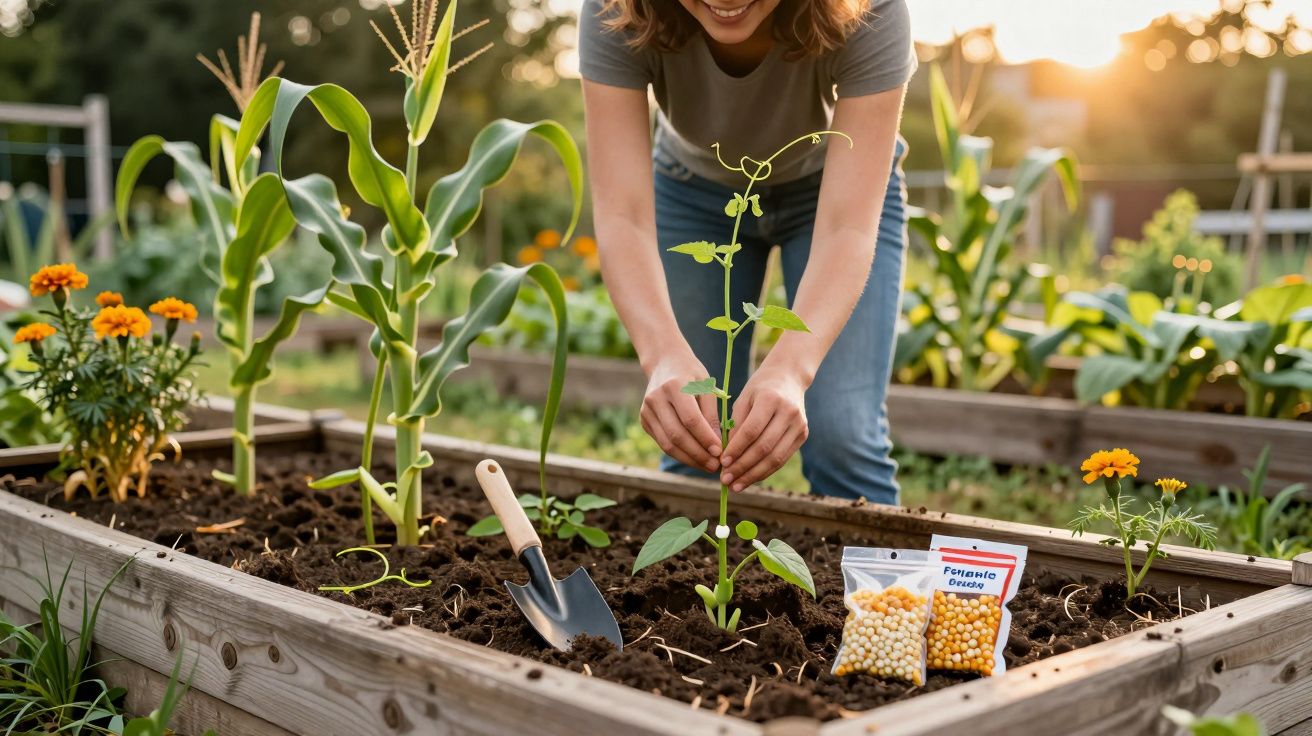 Pessoa a cuidar de planta no canteiro elevado com sementes e ferramentas durante o pôr do sol.
