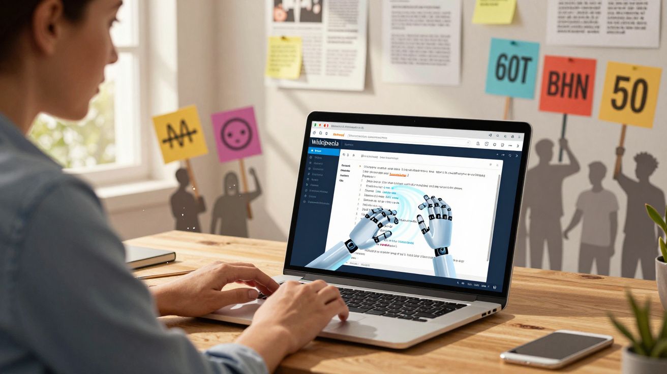 Pessoa a trabalhar num portátil com ilustração de mãos robóticas no ecrã em ambiente de escritório.