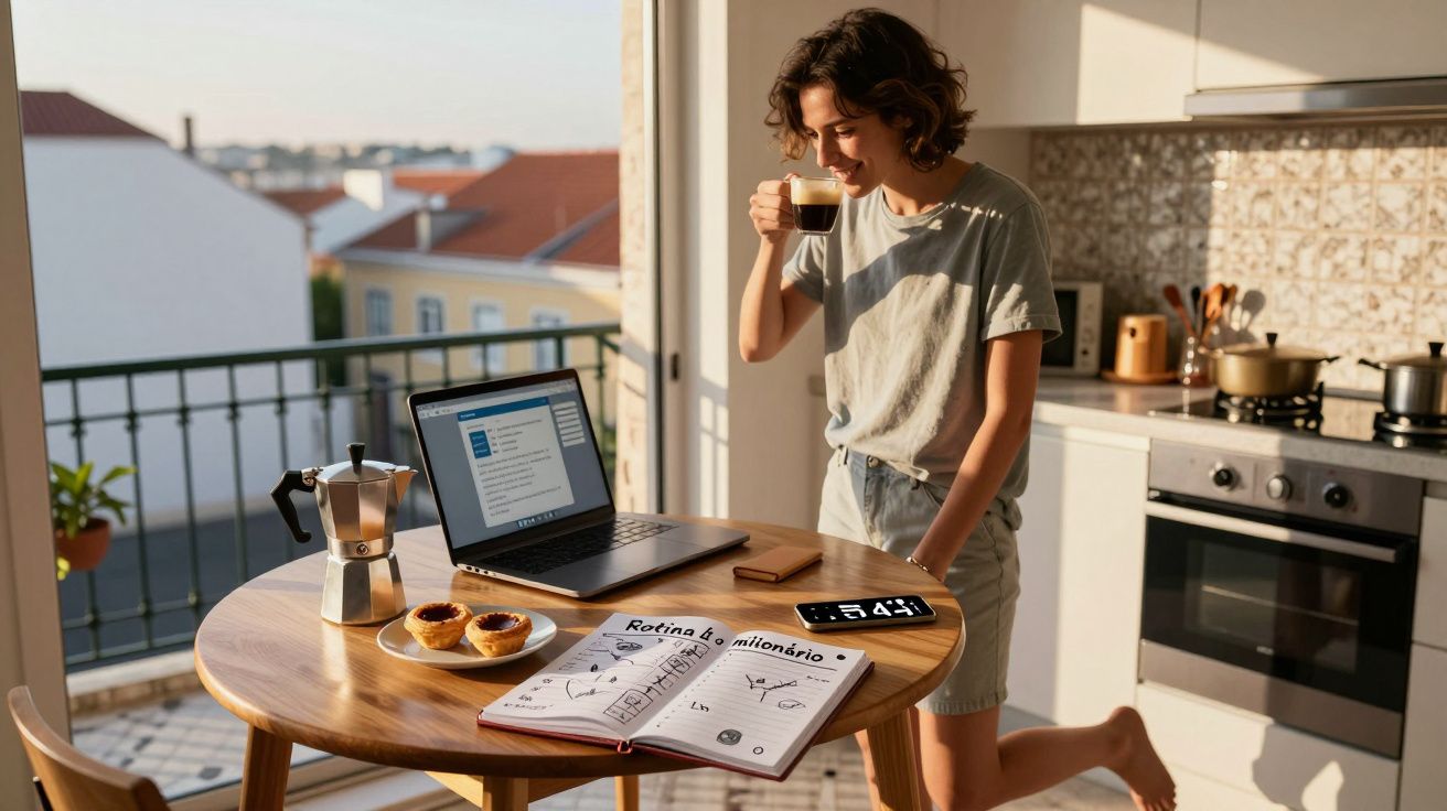 Mulher a beber café na cozinha com laptop, telemóvel, caderno, e pastéis de nata numa mesa redonda madeira.