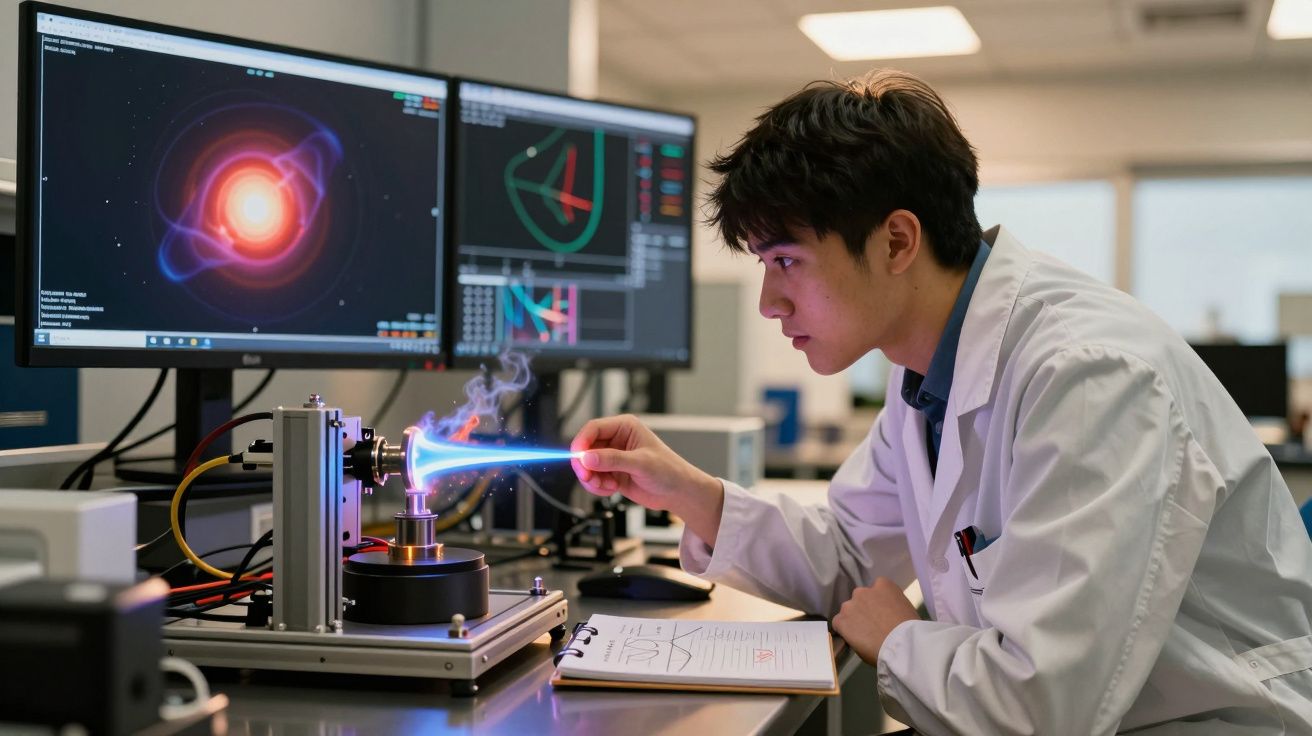 Cientista em bata branca a manipular um feixe de luz azul em laboratório com monitores digitais ao fundo.