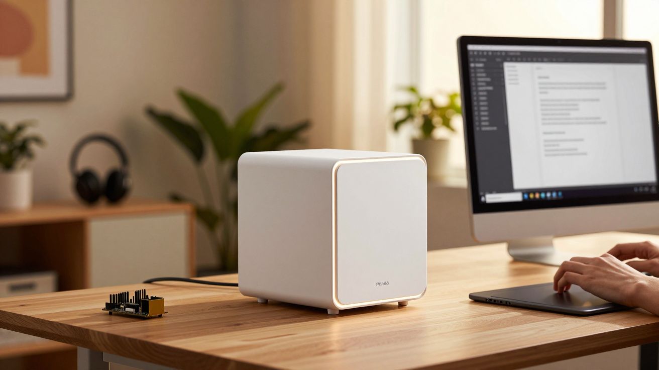 Computador cubo branco numa secretária de madeira com monitor e mãos a usar tablet digitalizadora.