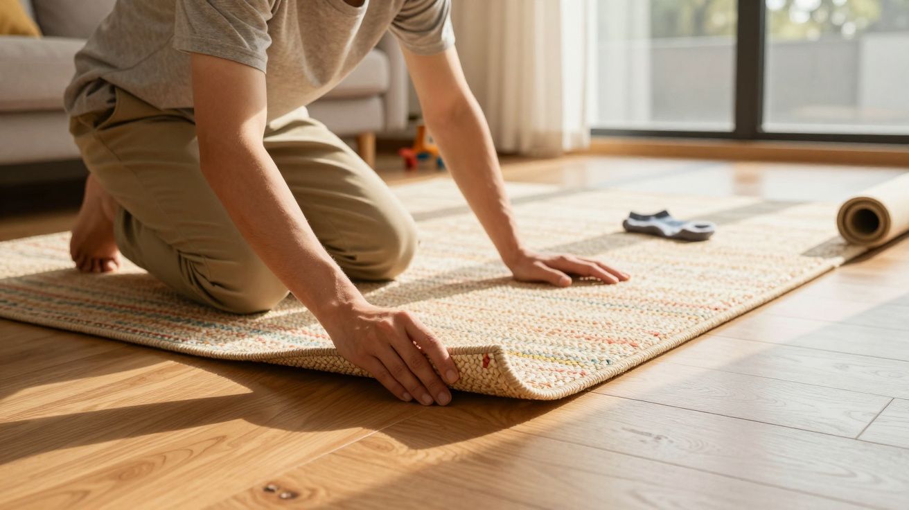 Pessoa a estender um tapete numa sala com chão de madeira e luz natural a entrar pela janela.
