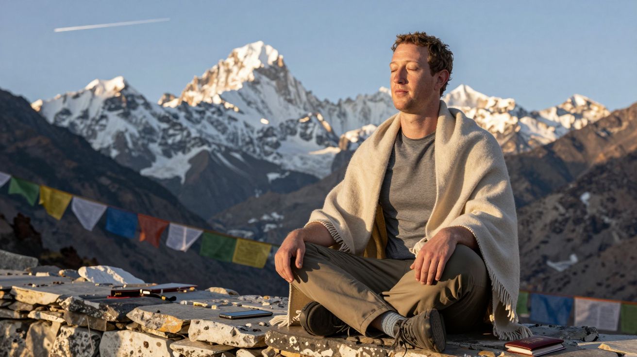 Homem sentado de olhos fechados com mantilha, meditando em montanha com neve e bandeiras coloridas ao fundo.