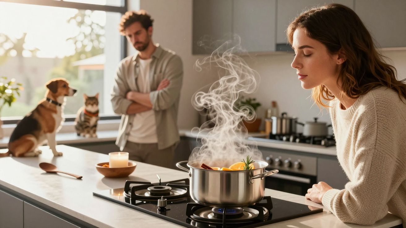 Mulher cheira panela a ferver na cozinha moderna, homem observa de braços cruzados, cão e gato no balcão.
