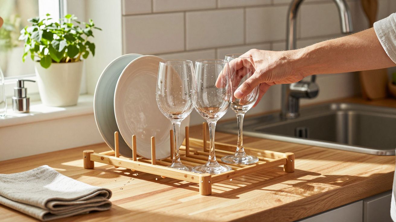 Mão a apanhar copo de vidro num escorredor de madeira com pratos ao sol numa cozinha clara.