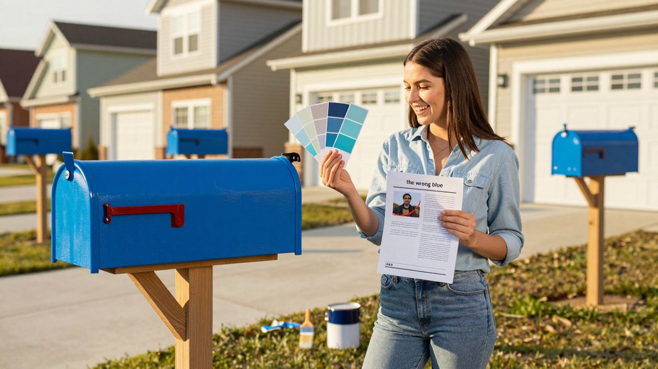 Mulher segura amostras de cores azuis e documento junto a caixa de correio pintada de azul na rua residencial.