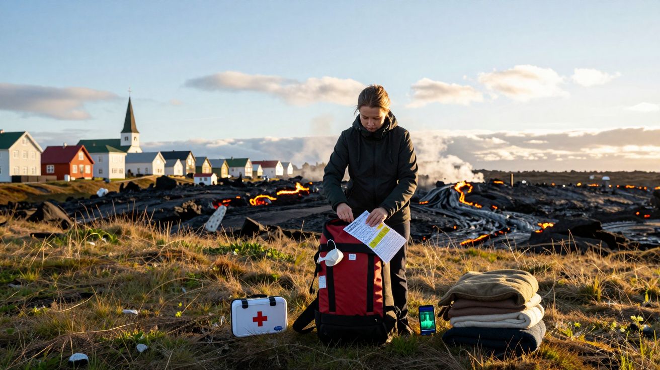 Pessoa prepara mochila de emergência em campo perto de lava vulcânica com casas e igreja ao fundo.