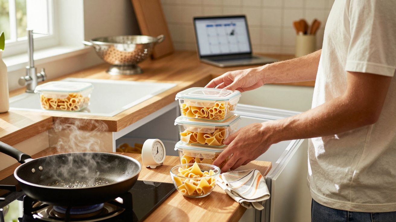Pessoa a guardar massa em recipientes de plástico numa cozinha moderna com computador portátil ao fundo.