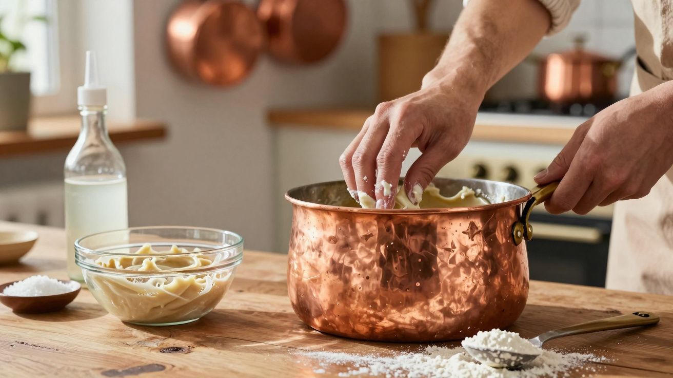 Pessoa a preparar massa caseira numa panela de cobre numa cozinha rústica.