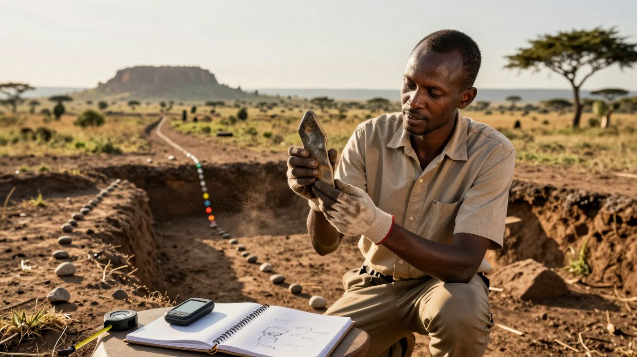 Homem a examinar artefacto arqueológico num sítio de escavação ao ar livre com caderno de anotações.