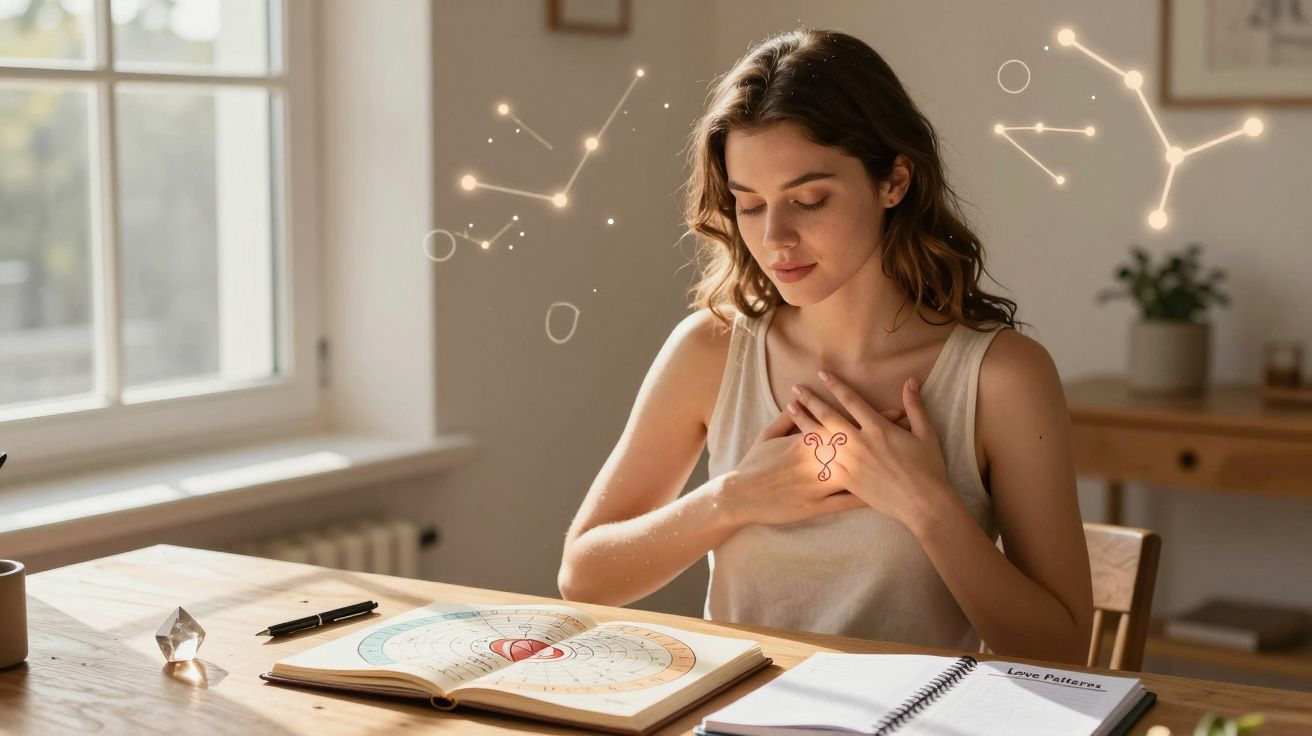 Mulher a meditar com símbolo de áries no peito, rodeada por constelações, com livro e caderno na mesa.