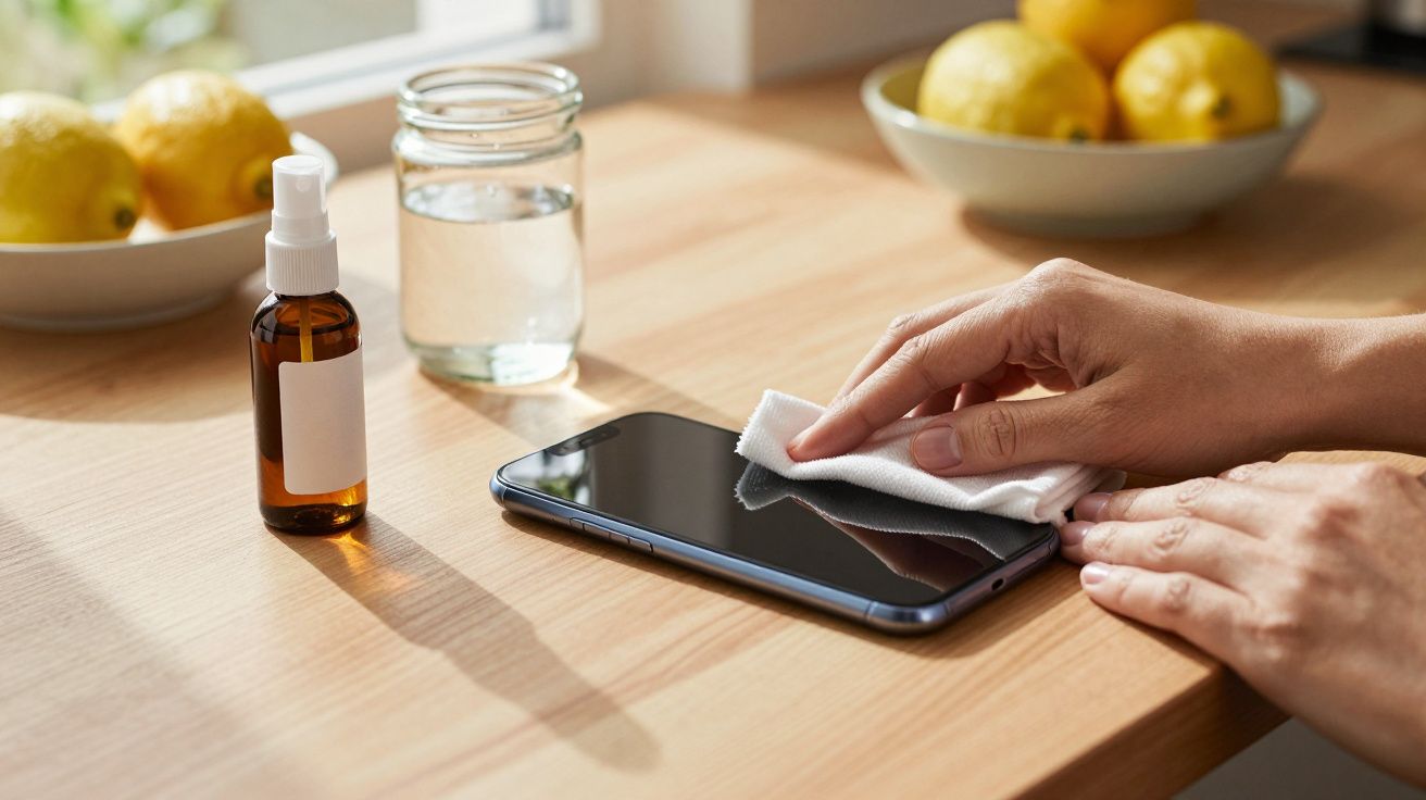 Mãos a limpar e desinfetar o ecrã de um telemóvel numa mesa de madeira com limões ao fundo.