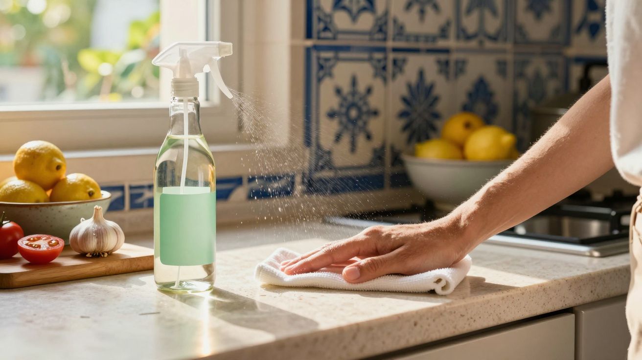 Pessoa a limpar bancadas da cozinha com pano e spray de limpeza ao lado de frutas e legumes.