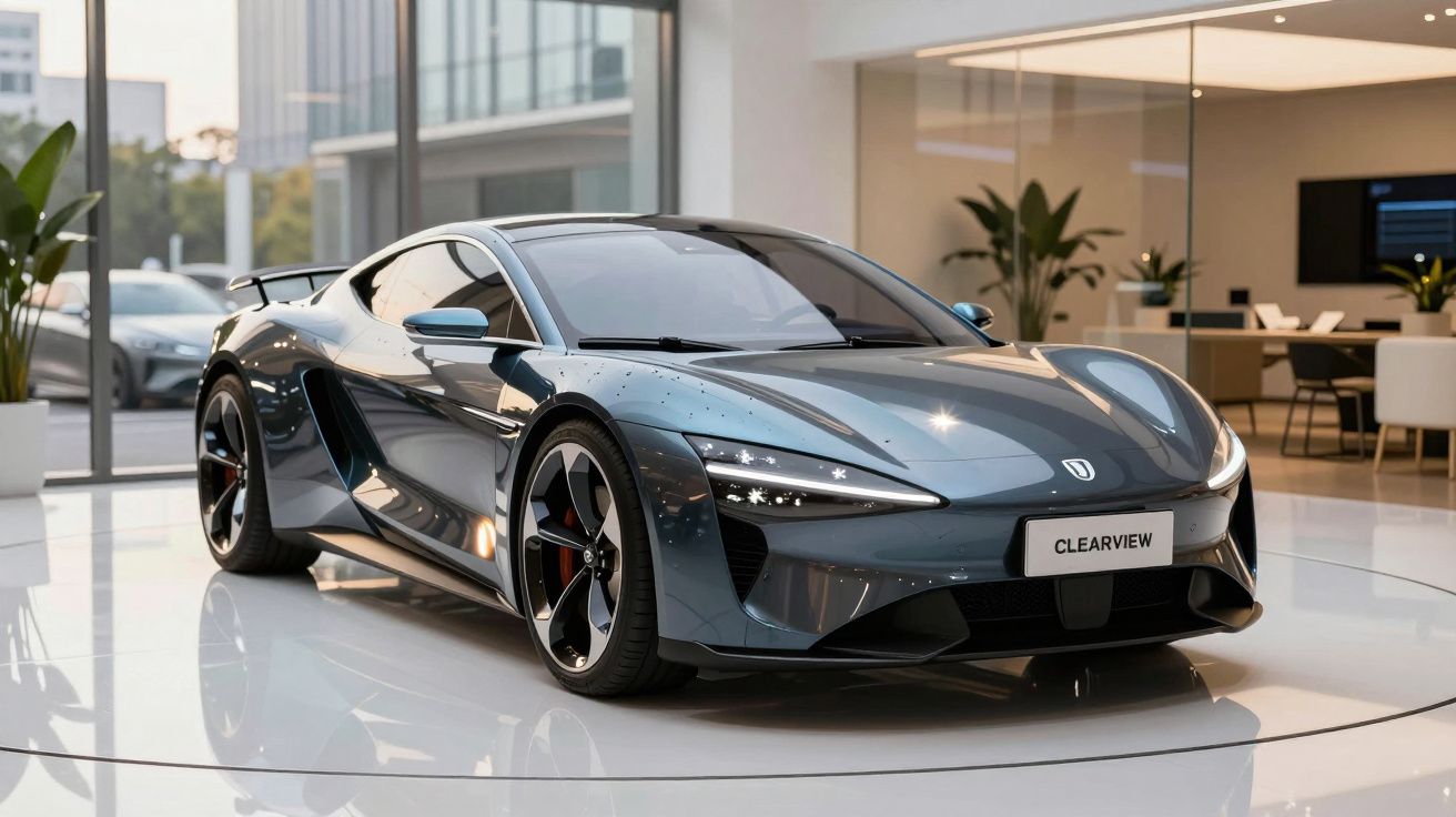 Carro desportivo cinzento metálico apresentado num showroom moderno e luminoso com grandes janelas.