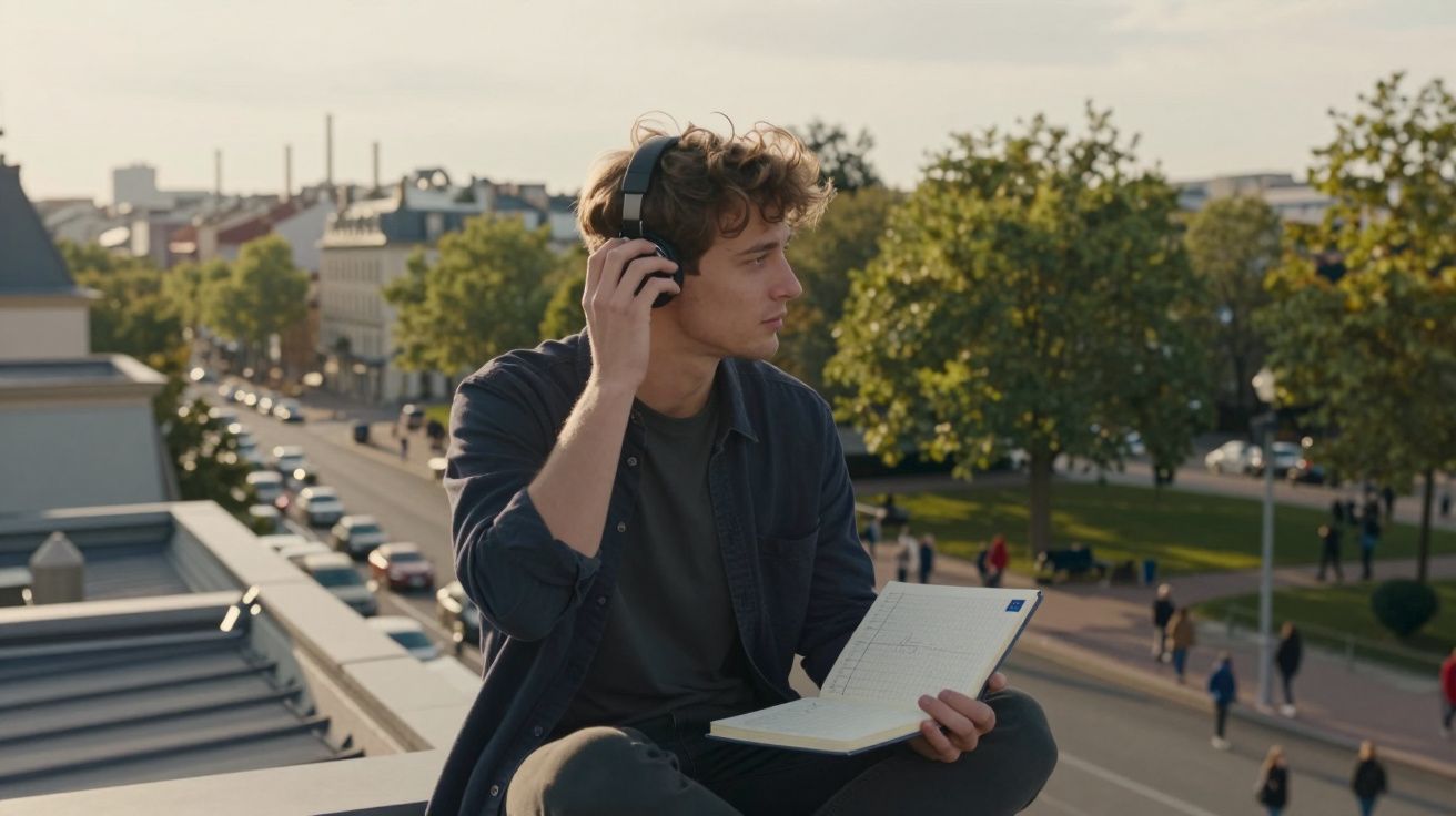 Jovem sentado num telhado com auriculares, segurando um caderno aberto e olhando para a cidade ao entardecer.