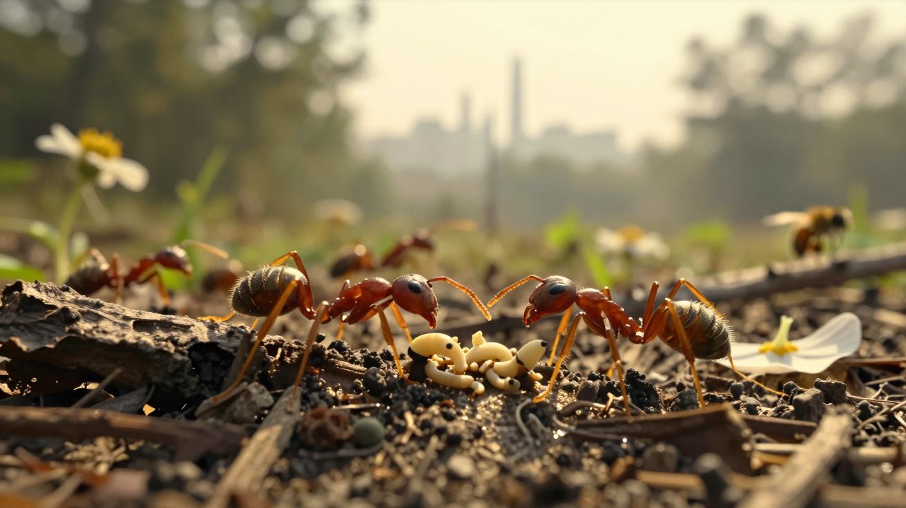 Formigas vermelhas no solo transportam larvas e interagem em um ambiente natural com flores ao fundo.