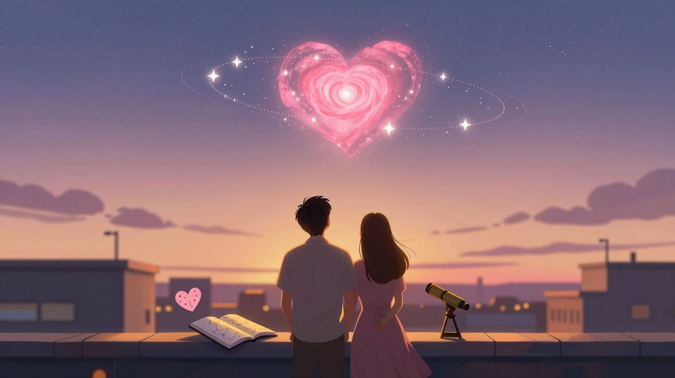 Casal a observar ao pôr do sol um grande coração rosa brilhante no céu com estrelas cintilantes.