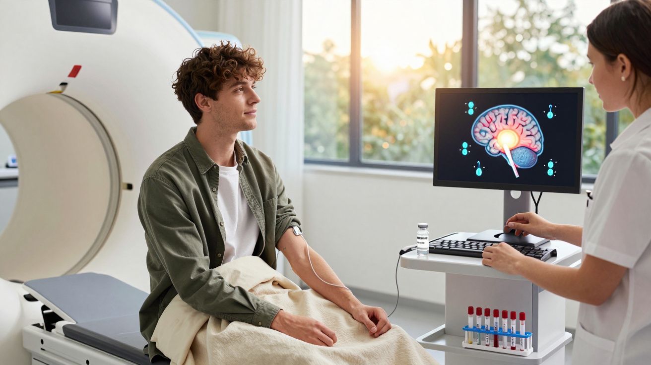 Jovem sentado em scanner médico, com enfermeira ao computador exibindo imagem do cérebro.