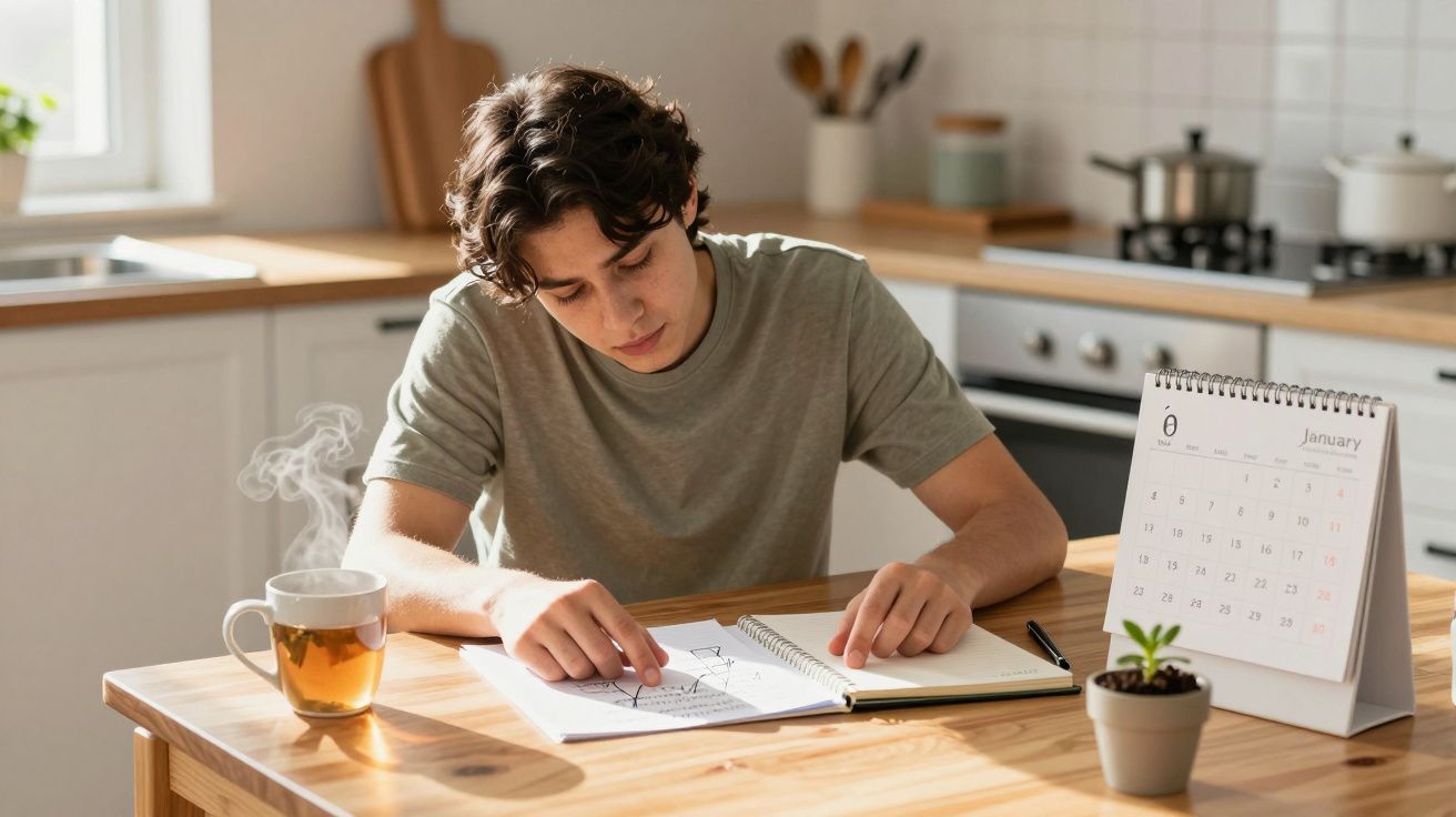 Jovem sentado à mesa da cozinha a estudar com chá quente, calendário e planta numa manhã ensolarada.