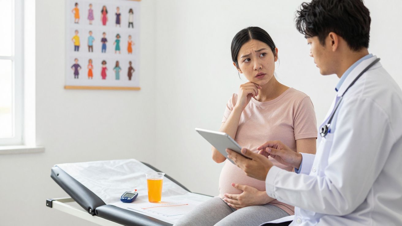 Mulher grávida preocupada consulta médico que explica resultados num tablet numa sala de exames.