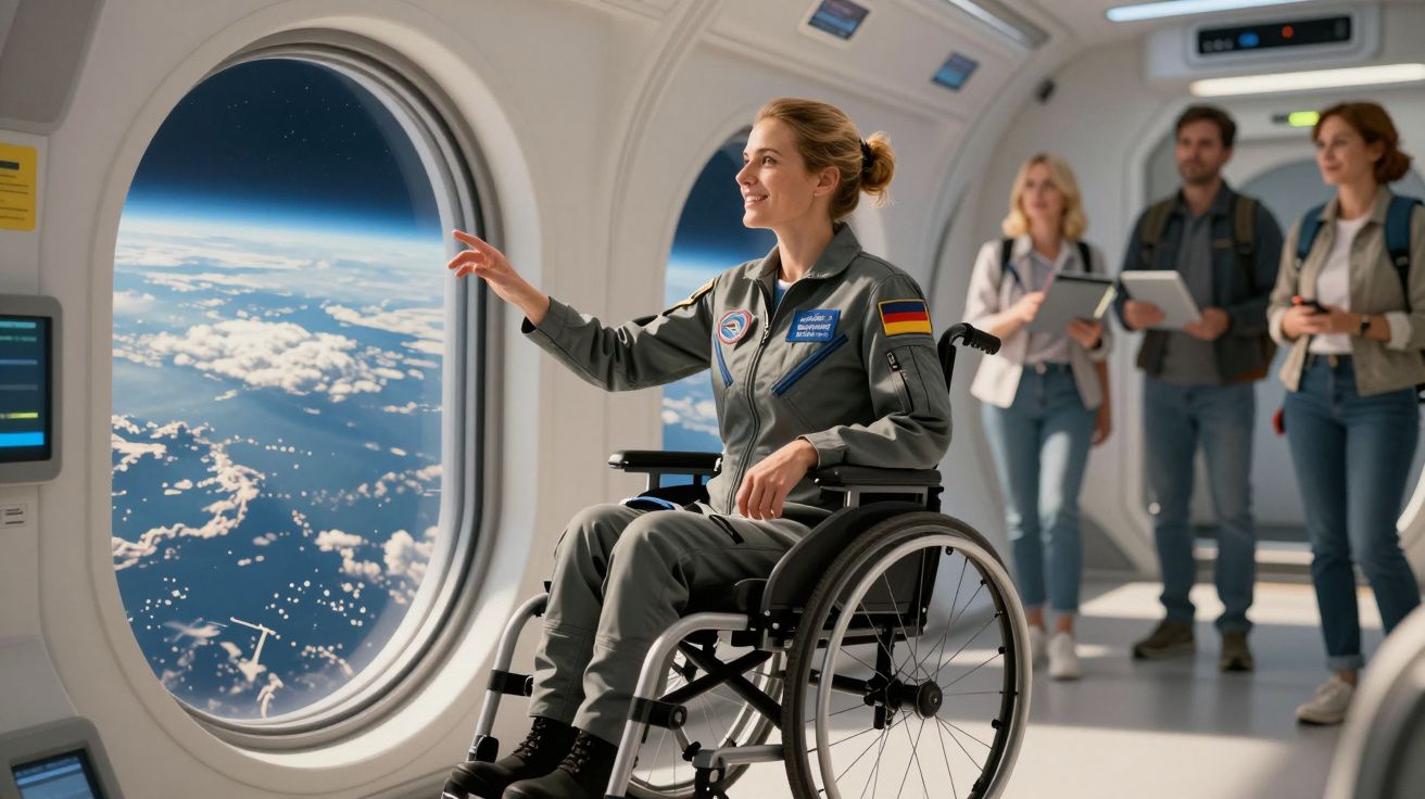 Astronauta em cadeira de rodas observa a Terra do espaço, com três pessoas a analisarem dados ao fundo.