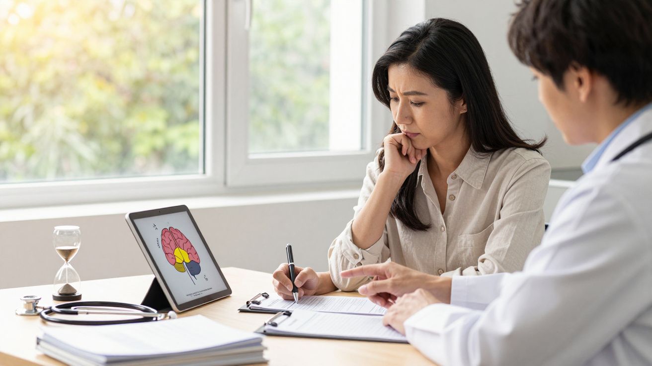 Médico e paciente discutem resultados médicos com ilustração de cérebro num tablet numa consulta.