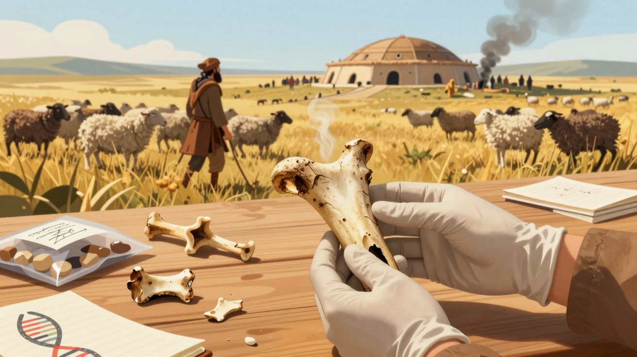 Mãos com luvas seguram um osso fumegante numa mesa com outros ossos, plantas e desenho de ADN, com pastor e ovelhas ao fundo.