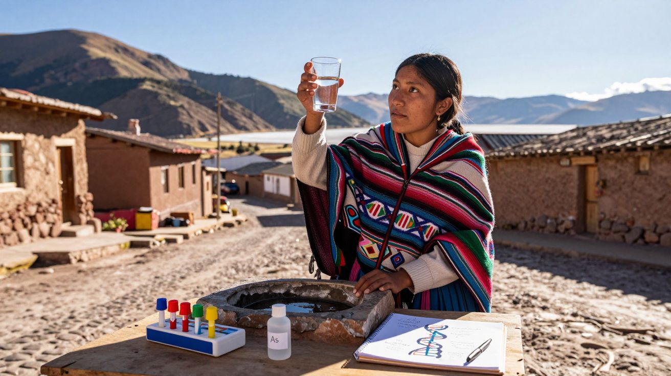 Mulher com poncho colorido analisa copo de água em aldeia rural com montanhas ao fundo.