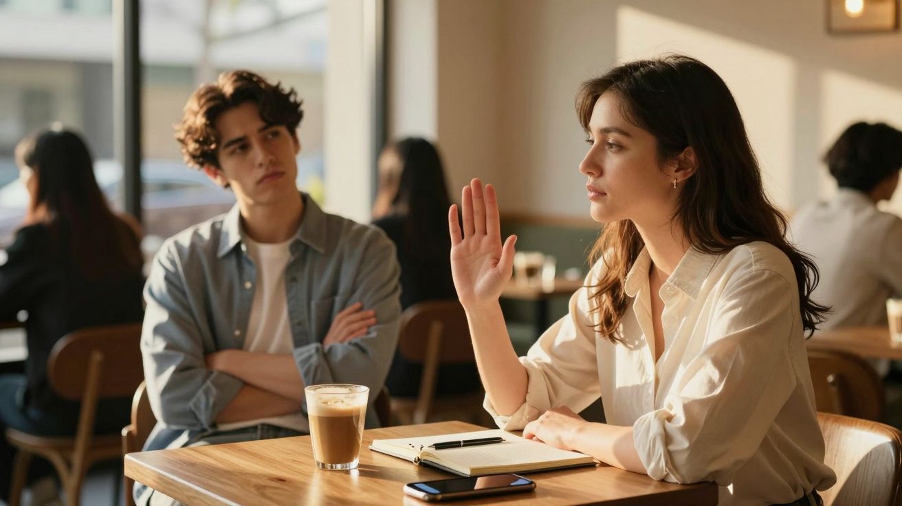 Jovem mulher a falar com jovem homem interessado, sentados numa mesa de café com bloco de notas e bebida.