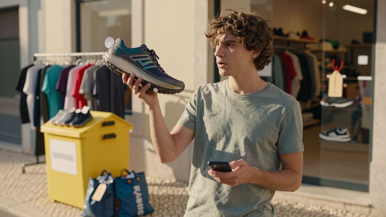 Homem jovem com t-shirt verde segura um ténis e um telemóvel à frente de uma loja de roupa e calçado.
