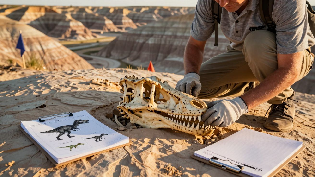 Pessoa a analisar um crânio de dinossauro fóssil num deserto com cadernos de desenho e anotação ao lado.