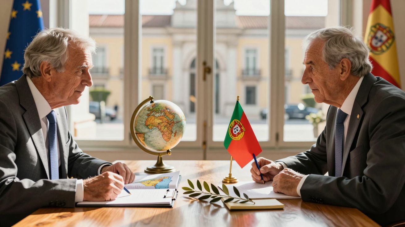 Dois homens idosos de fato sentados frente a frente numa mesa com bandeira de Portugal, globo terrestre e documentos.