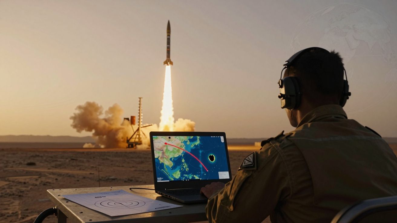 Militar observa lançamento de míssil enquanto monitora trajetória num portátil ao ar livre ao pôr do sol.