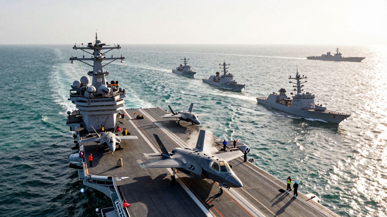 Porta-aviões com caças F-35 na pista e vários navios de guerra a acompanhar no mar calmo ao entardecer.