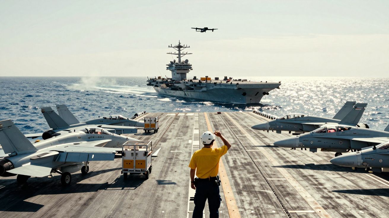 Homem em porta-aviões sinaliza enquanto avião descola, com mar e outro navio ao fundo.