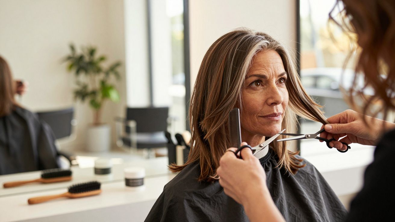 Mulher de cabelo cinzento a receber corte de cabelo num salão moderno e iluminado.