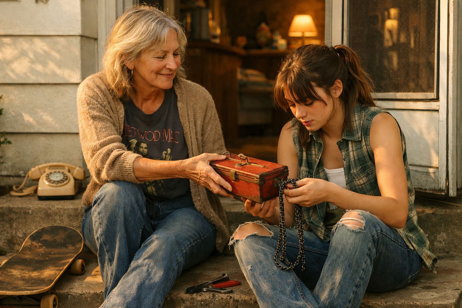 Duas mulheres sentadas em degraus, examinando uma caixa de madeira com corrente metálica.