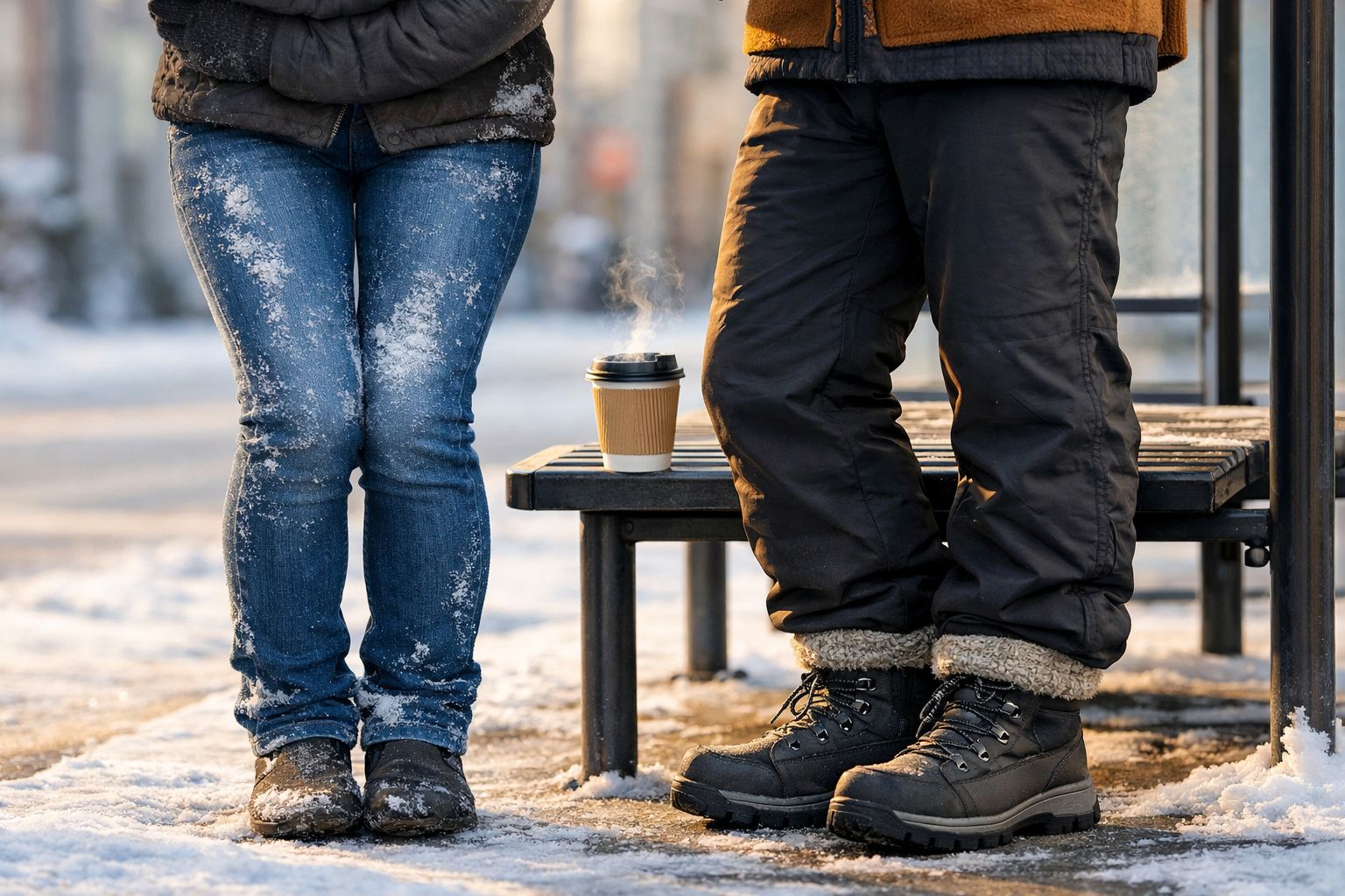 Pessoas com roupas de inverno, neve no chão, e um café fumegante numa esplanada ao ar livre.